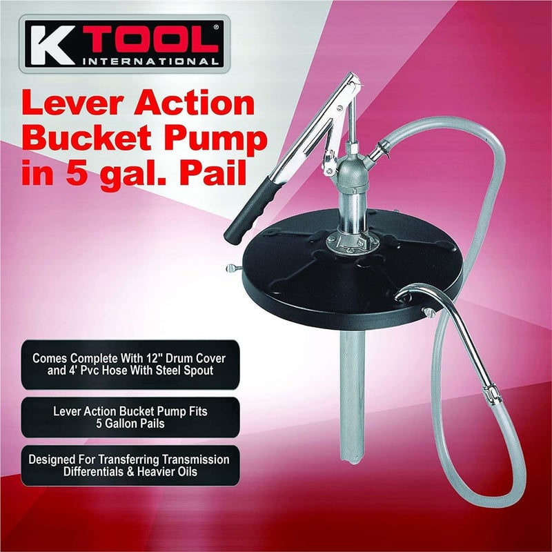 K-Tool International K Tool International 73993 Lever Action Bucket Pump with 4' PVC Hose for Garages, Repair Shops, and DIY, 5 Gallon, 2.14 oz. Per Stroke, 12" Drum Cover, Transmission Fluids and Heavy Oil, Black/Silver - Image 2